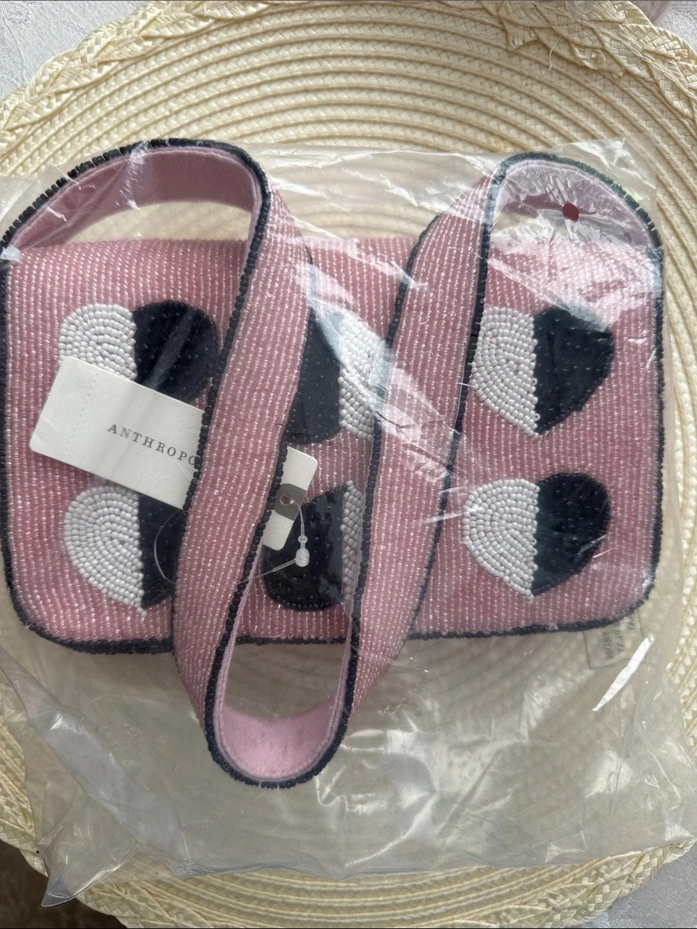Anthropologie Fiona Pink Beaded Heart Patch Crossbody Bag